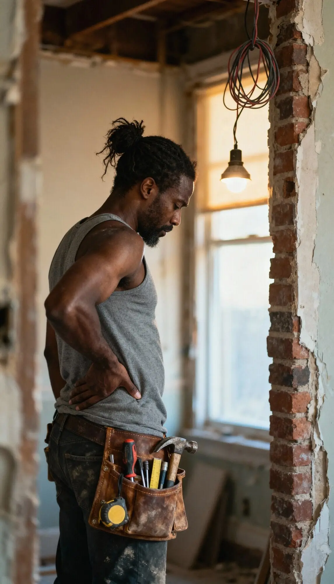 A man wearing a tank top and a tool belt at a construction site.